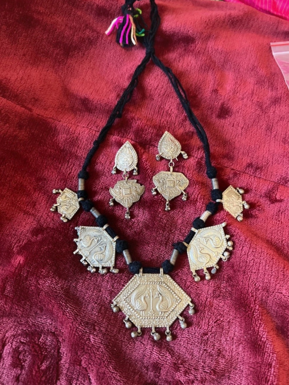Traditional Gold-Tone Statement Necklace and Earring Set - Black Cord